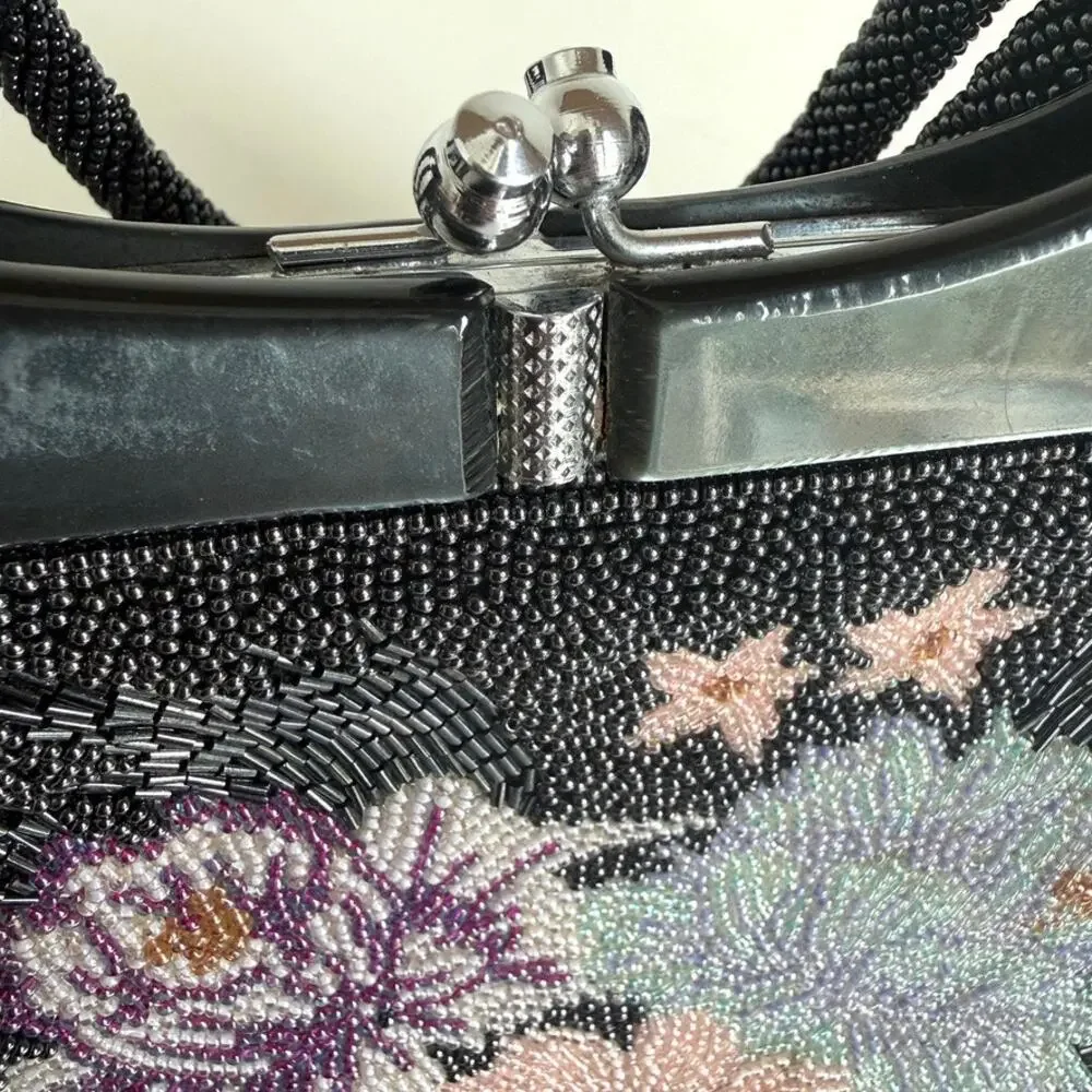 Vintage Black Floral Beaded Evening Bag Retro Glam 1950s Art Deco‎ Collectible
